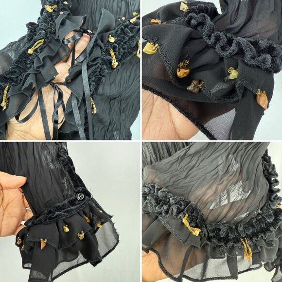 Lucy Collection Black Sheer Ruffle Beaded Tie Front Blouse Top S/M Boho Party - Picture 11 of 16